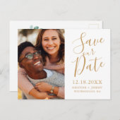 Eenvoudige gouden script foto Bespaar onze datum Aankondigingskaart (Voorkant / Achterkant)