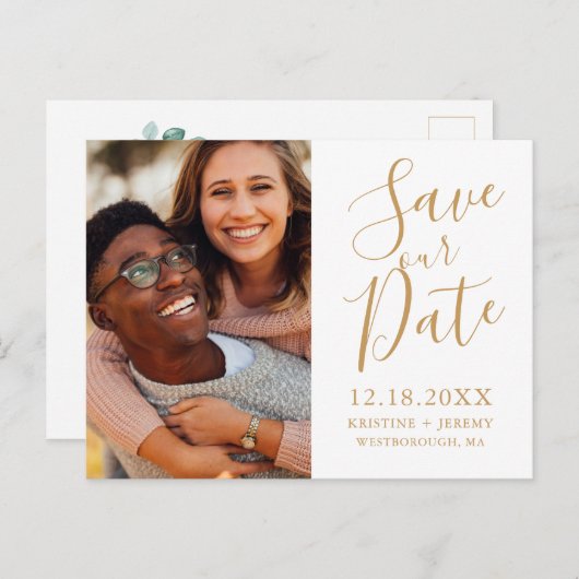 Eenvoudige gouden script foto Bespaar onze datum Aankondigingskaart (Voorkant / Achterkant)