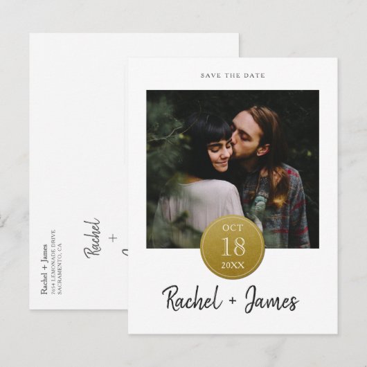 Eenvoudige gouden sticker save the date ansichtkaa aankondigingskaart (Voorkant / Achterkant)