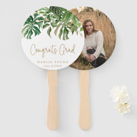 Eenvoudige gouden tropische foto Modern Afstuderen Handwaaier (Voorkant en achterkant)