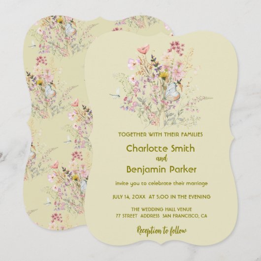 Eenvoudige gouden wilde bloemen boeket bloem bruil save the date (Voorkant / Achterkant)