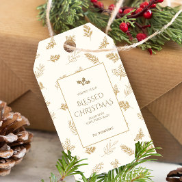 Eenvoudige gouden winterbladeren Mistletoe Cadeaulabel