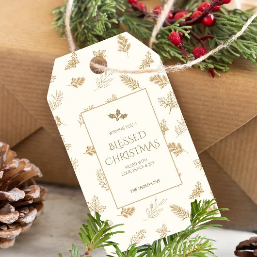 Eenvoudige gouden winterbladeren Mistletoe Cadeaulabel