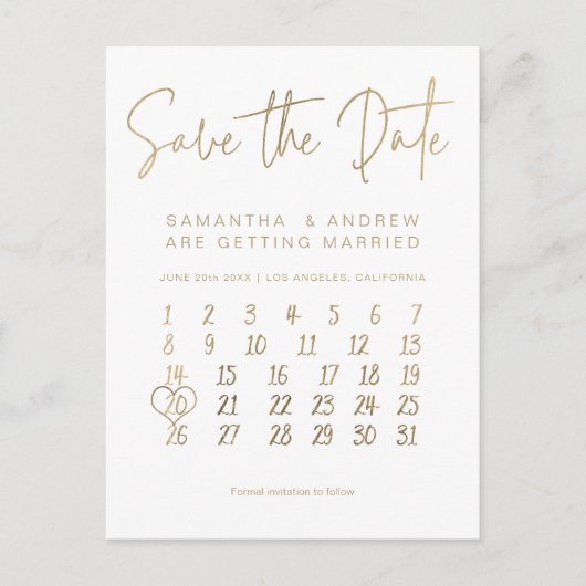 Eenvoudige gouden witte kalender behalve de datum aankondigingskaart (Voorkant)