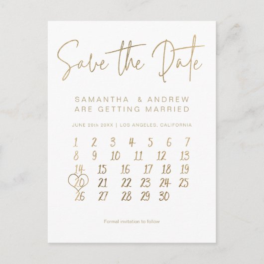 Eenvoudige gouden witte kalender behalve de datum aankondigingskaart (Voorkant)