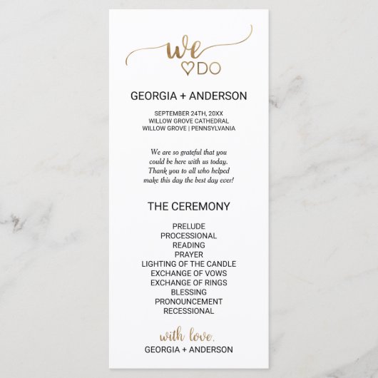 Eenvoudige goudkalligrafie die wij met ons weddens programmakaart (Voorkant)