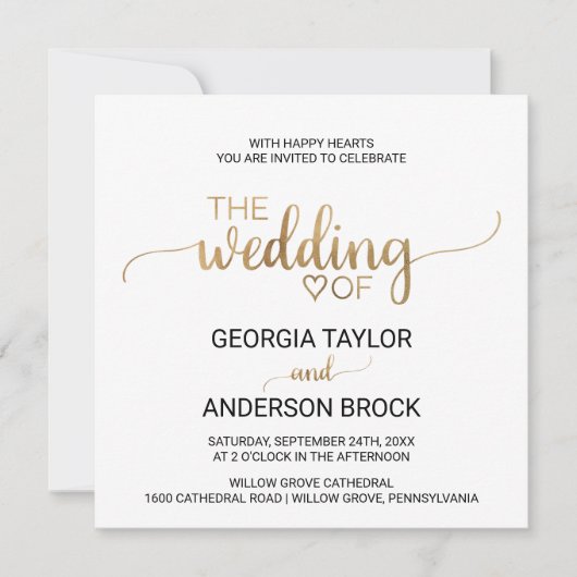 Eenvoudige goudkalligrafie Square Weddenschap Kaart (Voorkant)