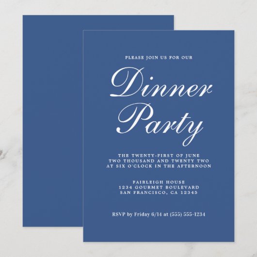 Eenvoudige grafische kalligrafie Klassic Blue Dinn Kaart (Voorkant / Achterkant)