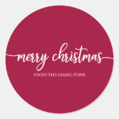 Eenvoudige grafische kalligrafie Vrolijk kerstrood Ronde Sticker (Voorkant)