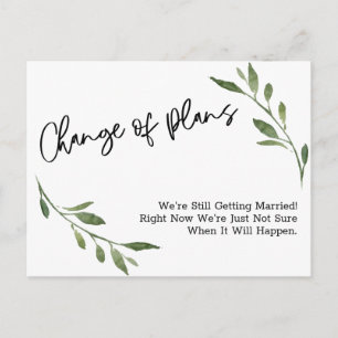 Eenvoudige Greenery Change of Plans Postponed Wedd Briefkaart