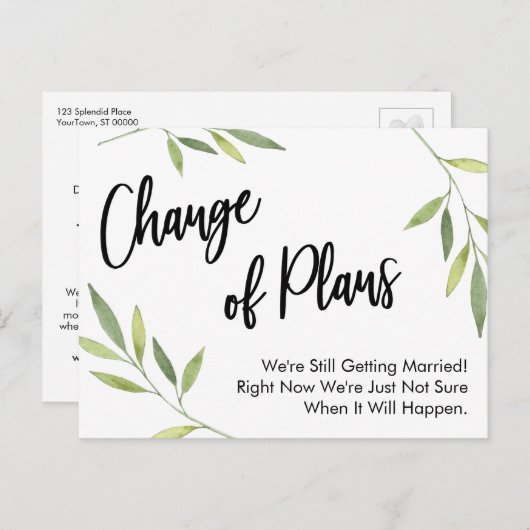 Eenvoudige Greenery Change of Plans Postponed Wedd Briefkaart (Voorkant / Achterkant)
