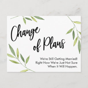 Eenvoudige Greenery Change of Plans Postponed Wedd Briefkaart