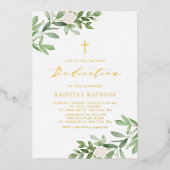 Eenvoudige Greenery en White Flowers Baby Dedicati Folie Uitnodiging (Voorkant)