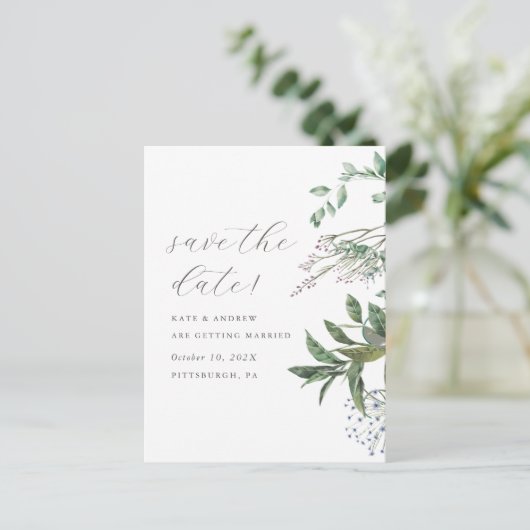 Eenvoudige Greenery Meadow Fotobruiloft Sla de dat Briefkaart (Staand voorkant)