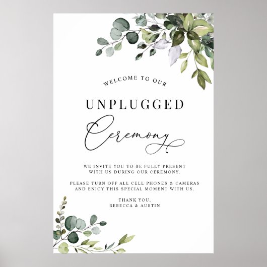 Eenvoudige Greenery Wedding Unplugged Ceremonie Poster (Voorkant)