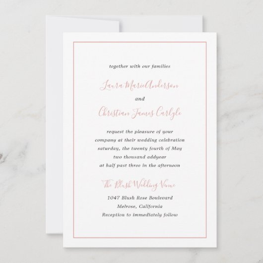 Eenvoudige grens Formele Blush Roze Elegante Bruil Kaart (Voorkant)