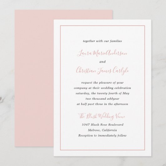 Eenvoudige grens Formele Blush Roze Elegante Bruil Kaart (Voorkant / Achterkant)