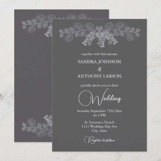 Eenvoudige Grey Line Art Eucalyptus bruiloft uitno Kaart (Voorkant / Achterkant)