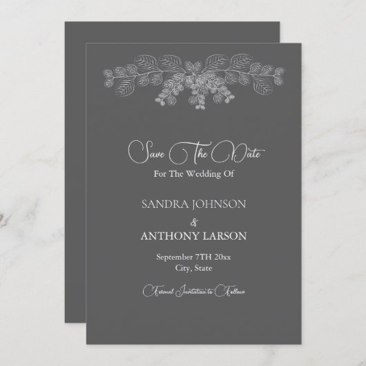 Eenvoudige Grey Line Art Eucalyptus Save The Date (Voorkant / Achterkant)