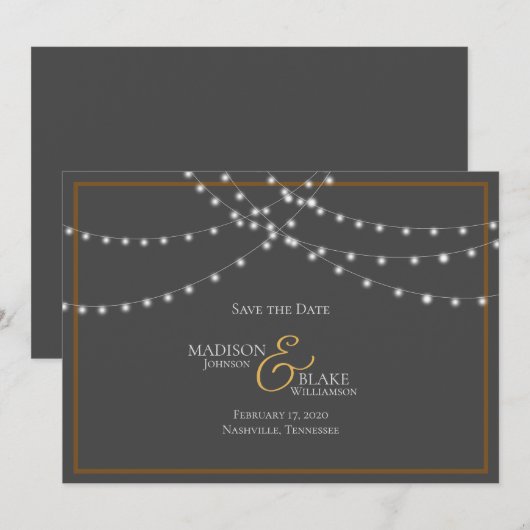 Eenvoudige Grijs en Koper String Lights Save the D Date (Voorkant / Achterkant)