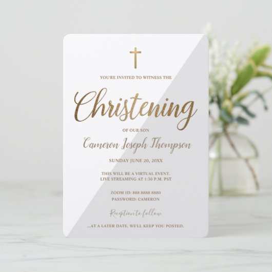 Eenvoudige Grijs Wit Goud Kruis Virtuele doop Kaart (Staand voorkant)