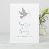 Eenvoudige grijze duif met aqua blauw lint bruilof kaart (Staand voorkant)