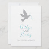 Eenvoudige grijze duif met aqua blauw lint bruilof kaart (Voorkant)