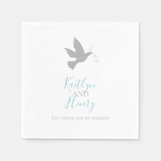 Eenvoudige grijze duif met aqua blauwe linten brui servet (Voorkant)