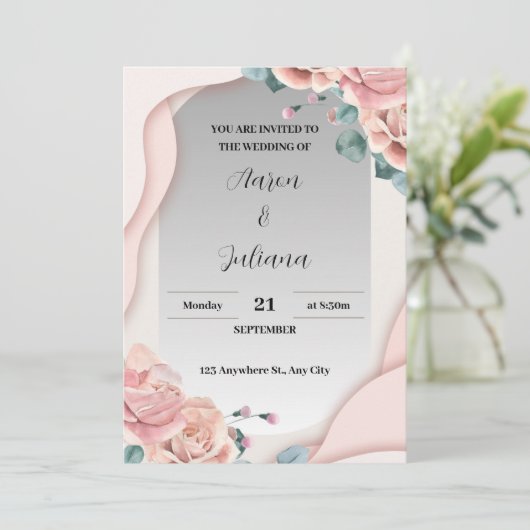 Eenvoudige grijze en roze bruiloft uitnodiging (Staand voorkant)