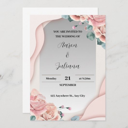 Eenvoudige grijze en roze bruiloft uitnodiging (Voorkant / Achterkant)