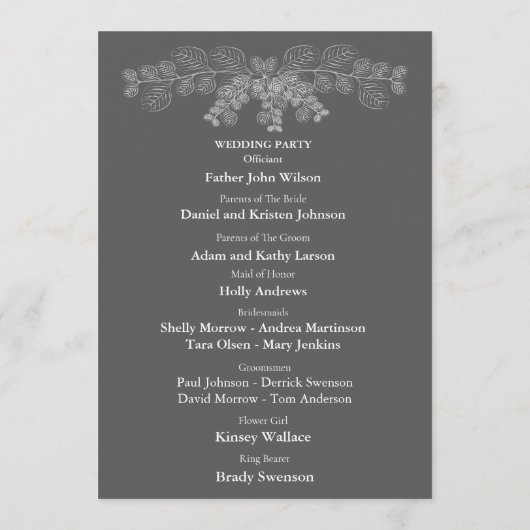Eenvoudige Grijze Eucalyptus Line Art Wedding Programmakaart (Achterkant)