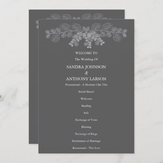 Eenvoudige Grijze Eucalyptus Line Art Wedding Programmakaart (Voorkant / Achterkant)