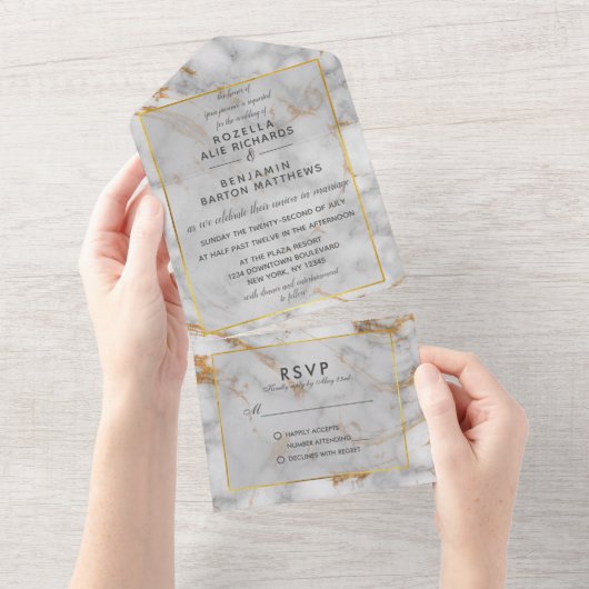 Eenvoudige grijze goudmarmer Agate Elegant All In One Uitnodiging (Afscheurbaar)