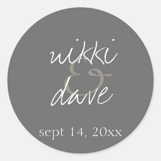 Eenvoudige grijze handgeschreven bruiloft gunst la ronde sticker (Voorkant)
