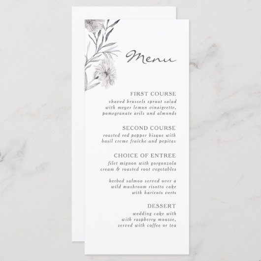 Eenvoudige grijze handgetekende bloem. Botanische  Menu (Voorkant / Achterkant)