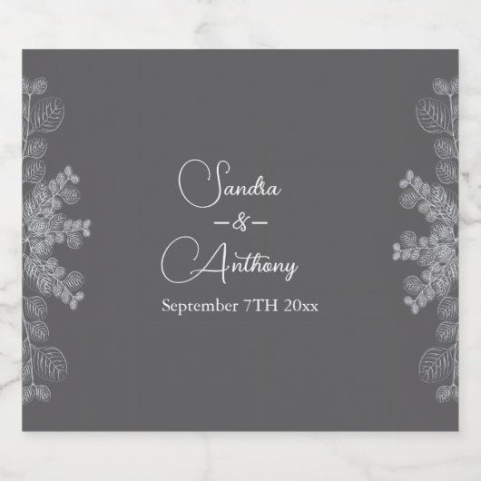 Eenvoudige Grijze Lijn Art Eucalyptus Wedding Sparkling Wijnetiket (Enkel label)
