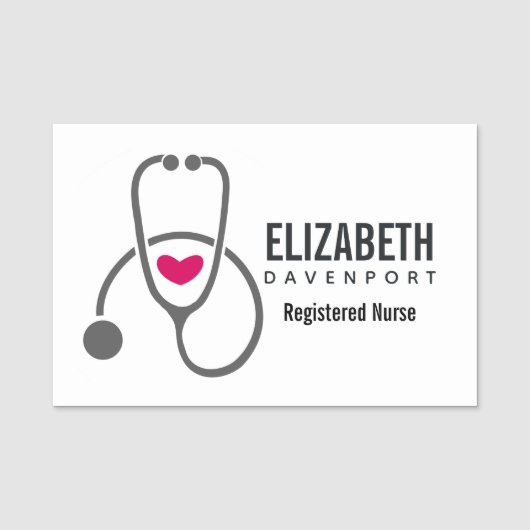 Eenvoudige grijze neurserende stethoscoop met rood naamplaatje (Voorkant)