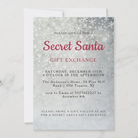 Eenvoudige Grijze Sneeuwvlokken Secret Santa Party Kaart (Voorkant)