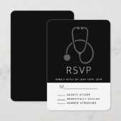 Eenvoudige grijze stethoscoop op zwart RSVP kaartje (Voorkant / Achterkant)