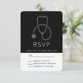 Eenvoudige grijze stethoscoop op zwart RSVP kaartje (Staand voorkant)