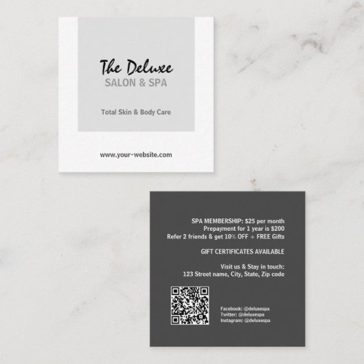 Eenvoudige grijze vierkant spa vierkante visitekaartje (Voorkant / Achterkant)