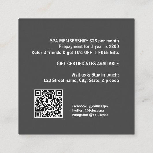 Eenvoudige grijze vierkant spa vierkante visitekaartje (Achterkant)