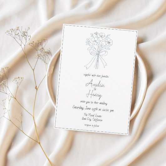 Eenvoudige grillige bloem en boog schets bruiloft kaart