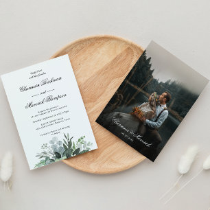 Eenvoudige groen blad foto zwart wit bruiloft kaart