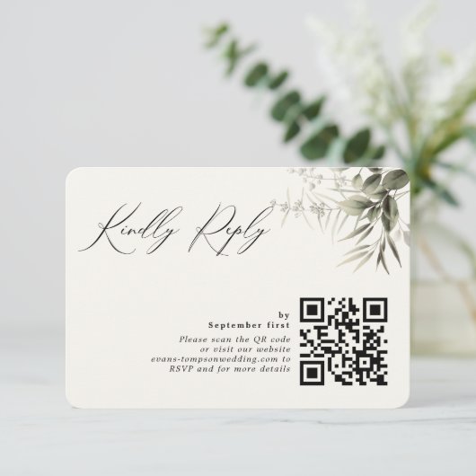 Eenvoudige groen Botanische QR Code RSVP-kaart RSVP Kaartje (Staand voorkant)
