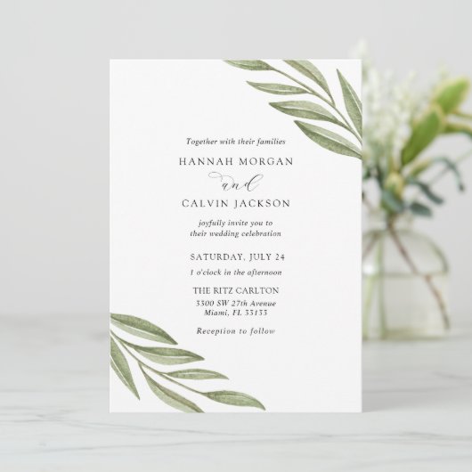Eenvoudige groen takken bruiloft uitnodiging (Staand voorkant)