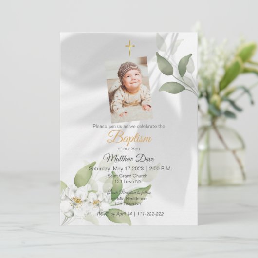 Eenvoudige Groene bladeren Doop Uitnodiging (Staand voorkant)