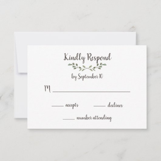 Eenvoudige groene bladeren en handgeschreven bruil RSVP kaartje (Voorkant)