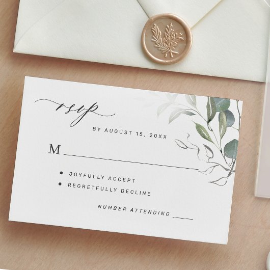 Eenvoudige groene bladeren groen bruiloft RSVP kaartje