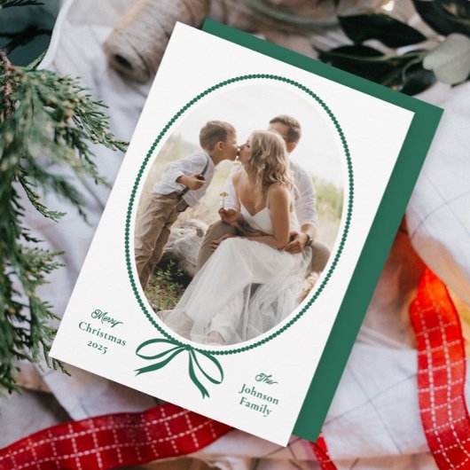 Eenvoudige Groene Bow Ovaal Foto Kerstmis Feestdagenkaart